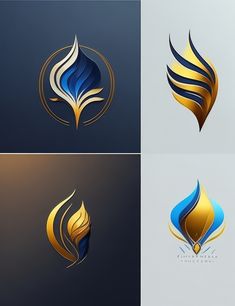 four different logos designed to look like an abstract plant, with blue and gold leaves