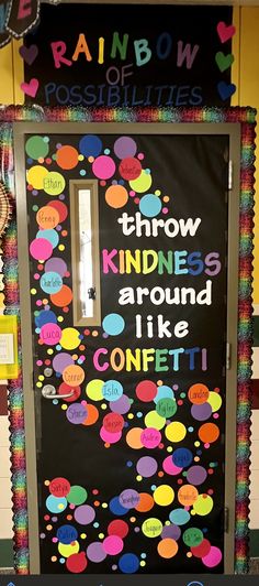 a classroom door decorated with colorful circles and words that say, know things around like confetti