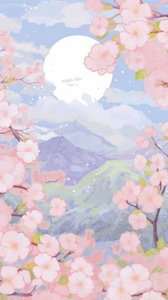 a painting of pink flowers with mountains in the background