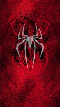 the spiderman logo on a red background with black and white splats in it