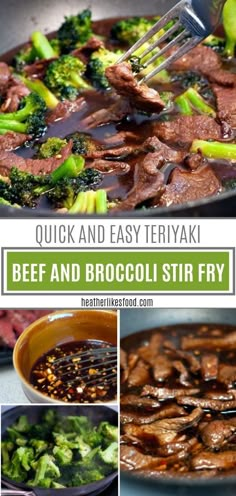 beef and broccoli stir fry in a skillet with the words, quick and easy teriyaki beef and broccoli stir fry