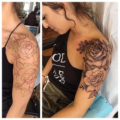 a woman with a rose tattoo on her arm and shoulder next to the same photo