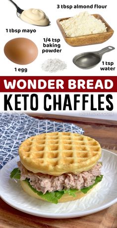 a plate with a waffle sandwich on it and ingredients to make the best keto chaffles