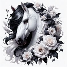 a white horse with black mane and flowers around it's neck is surrounded by roses