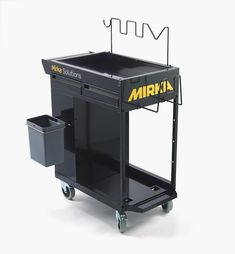 a black cart with a yellow logo on the front and back wheels that are attached to it