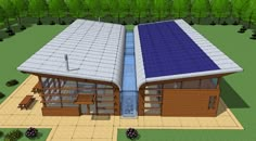 an image of a house with a solar panel on it's roof and windows