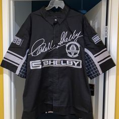 Vintage Nwt Shelby Cobra Racing Pit Crew Shirts- 50th Anniversary Black - Embroidered In Silver Lined. Snap Front Closures Formula One, Le Mans Racing Perfect For Race Day!!! Large Ptp 24” Length 29 1/2” X-Large Ptp 24 1/2” Length 30” 2x Ptp 28” Length 31 1/2” 3x - Ptp 30” Length 32” Vintage Car Shirts, Motorsport Apparel, Black Label Skateboards, Pit Crew Shirts, Nascar Shirt, Graphic Typography, Nascar Shirts, Pit Crew, Blue Shorts Men