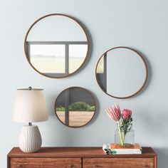 three round mirrors on the wall above a dresser with a vase and flower in it