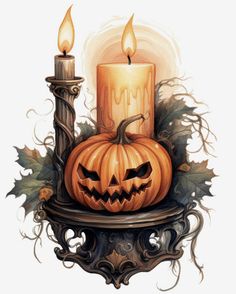 a pumpkin sitting on top of a table next to a candle