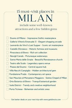 to do Checklist place to visit in Milan Template free. Bucket list Milan Milan Italy Travel Guide, Places To Go In Milan, Milano Italy Things To Do, Trip To Milan, Milano Places To Visit, Milan Itenary, Milano Bucket List, Milan Places To Visit, What To Do In Milan Italy