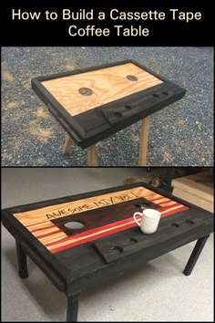 a coffee table made out of an old cassette tape recorder is shown with the words how to build a cassette tape coffee table