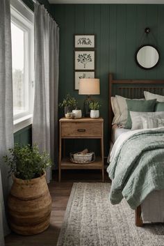 a bedroom with green walls and wooden furniture