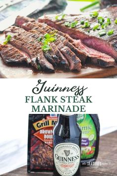 grilled steak and beer with text overlay reading guinness flanns steak marinade