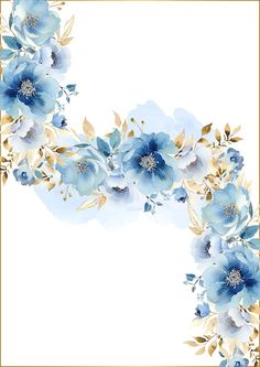 blue flowers and gold leaves on a white background with a golden border in the middle