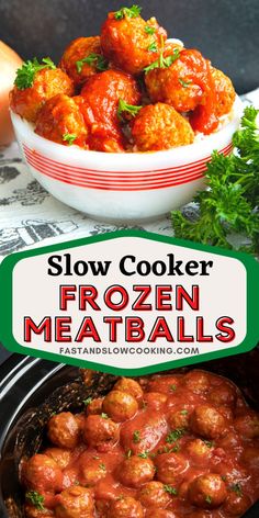 slow cooker frozen meatballs in a bowl and on top of the slow cooker