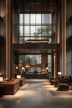 an empty lobby with couches, tables and lamps on the side walk in front of large windows