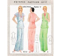 three women's pajamas and one woman's top sewing pattern, from the 1960s