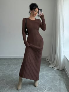 Ribbed Solid Color Crew Neck Long Sleeve Maxi Sweater Dress Coffee Brown Elegant  Long Sleeve Fabric Plain  Medium Stretch  Women Clothing, size features are:Bust: ,Length: ,Sleeve Length: Beige Knit Maxi Dress, Long Brown Knit Dress, Maxi Knitted Dress, Knit Midi Dress Outfit Fall, Long Knitted Dress Outfit, Brown Maxi Dress Outfit, Long Knit Dresses, Long Skirts Outfit, Dress Spring Outfits