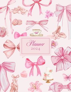 a bunch of pink ribbons and bows on a white background