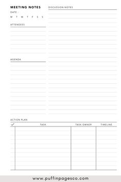 a printable meeting notes is shown in the middle of this page, which includes two lines