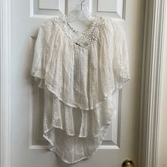 Nwt Beautiful Blouse Is Layered With Lace Trim On Double V-Neck. 100% Silk And Cotton Contrast. Never Worn. Comes From A Smoke And Pet Free Home. Lace V-neck Top, Summer V-neck Blouse For Layering, V-neck Lace Top, Summer Lace Top Blouse For Layering, White V-neck Lace Top, Lace Top V-neck Blouse, White Lace Blouse For Layering, White V-neck Blouse For Layering, Elegant V-neck Beach Top