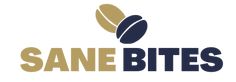 the sane bites logo is shown in gold and blue, with coffee beans coming out of it