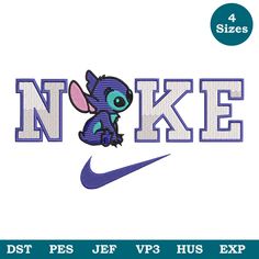 stitched shirt design with the word nike in purple and blue, featuring an image of a