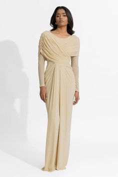 Beige plain dress with pleated drape on bodice and waistline. - Aza Fashions Beige Plain, Boujee Outfits, Plain Dress, Draped Dress, Wedding Attire, Dress For Women, Dress Pattern, Aza Fashion, Bodice