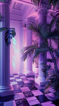 a purple room with columns, plants and checkered flooring in the foreground