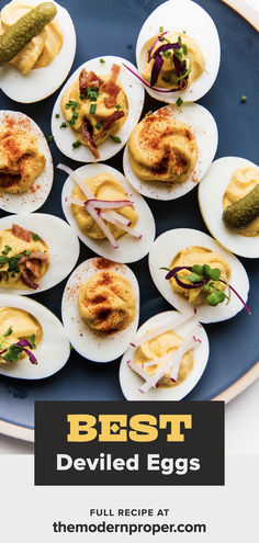 a platter of homemade deviled eggs with different toppings like pickles, radishes, bacon and paprika Deviled Eggs Recipes, The Best Deviled Eggs, Perfect Deviled Eggs, Classic Deviled Eggs, Deviled Eggs Recipe Classic, Eggs Recipes, Best Deviled Eggs