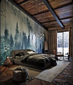 a bedroom with a large painting on the wall and wood flooring, along with a bed