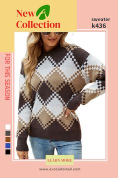 Crew Neck Sweater/Long Sleeve Sweater/Lazy Sweater K436 Argyle Sweaters, Lazy Sweater, Knitted Sweaters For Women, Sweater Collection, Argyle Sweater, Long Sleeve Knit Sweaters, Womens Crewneck, Sweater Pullover, Oversized Sweater