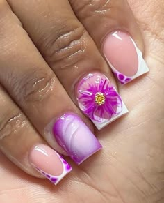 Short Acrylic Nails Hibiscus, Pink And Purple Short Nails, Short Square Hibiscus Nails, Purple Hibiscus Nails, Short Tropical Nails, Nails For Cruise, Purple Tropical Nails, Short Purple Nails, Nails For Hawaii Vacation