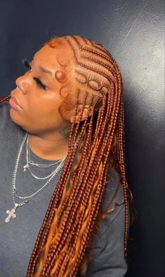 Orange Stitch Braids, Orange Fulani Braids, Dyed Hair In Braids, Tribals With Knotless Braids Color, Fulani Braids Red Hair, Fulani Braids Honey Blonde, Colored Cornrows Black Women, Pink And Brown Fulani Braids, Fulani Braids Hairstyles Designs With Color