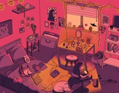 an illustration of a bedroom with pink walls and lots of stuff on the floor in it