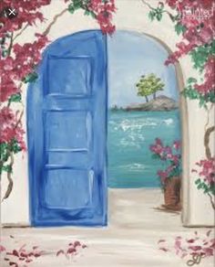 an open blue door with pink flowers on the outside and water in the back ground