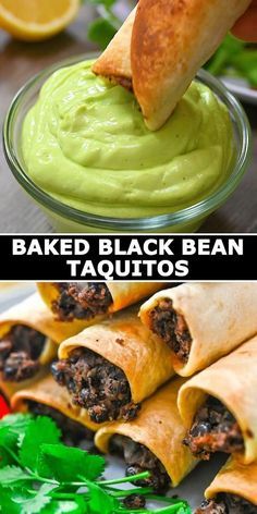 baked black bean taquitass with guacamole in the middle and on top