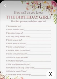 the birthday girl question card with flowers on it