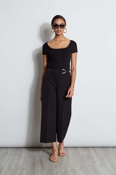 Springs "IT" pant is a chic update to the relaxed wide leg pant. We're obsessed with its cropped length, higher waist silhouette with graphic D-ring belt. Wear it with a knit or layered with a blazer, it will become a favorite in your wardrobe. Crepe Wide Leg Cropped Pant with D-Ring Belt Detail Runs true to Size Model is 5'9" and wearing size 2 Dry Clean Only Imported Style #: THF44003 Curved Neckline, Ring Belt, Cropped Wide Leg Pants, Wide Leg Cropped Pants, Black Flare, Summer Styles, Sweater Tank, Wide Leg Pant, Cropped Trousers