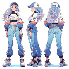 three different views of an anime character with long hair and blue jeans, wearing baseball caps