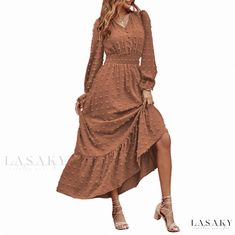 Lasaky - Long-Sleeved Pure Color Layered Dress with Ruffled Edge and Swiss Dots Collar Women Cocktail Dresses, Long Sleeve Maxi Dresses, Multicolor Maxi Dress, Shirred Waist Dress, Long Flowy Dress, Trendy Party Dresses, Party Dress For Women, Maxi Dress Boho, Swiss Dot Dress