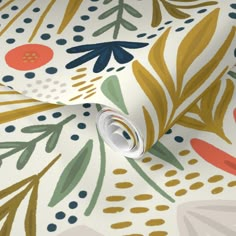 a wallpaper with colorful leaves and dots on it