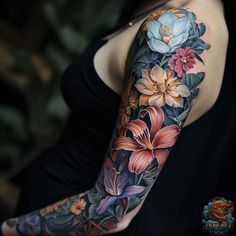 Floral Sleeve Tattoo Color, Bright Flower Tattoos, Half Sleeve Tattoos Color, Birth Flower Bouquet Tattoo, Flower Sleeve Tattoo, Full Arm Sleeve, Colorful Flower Tattoo, Flower Bouquet Tattoo