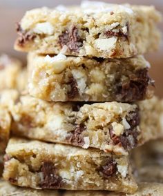 chocolate chip cookie bars stacked on top of each other