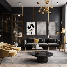 #livingroom #blackandgold #lounge Gray Black Gold Living Room Ideas, Grey And Gold Home Decor, Gold And Grey Living Room, Dark Gray Sofa Living Room Ideas, Dark Grey Sofa Living Room, Gold Interior Design, Gray Sofa Living, Black And Gold Living Room, Art Deco Living