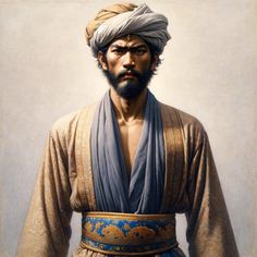 a painting of a man with a turban on his head wearing a blue and gold outfit