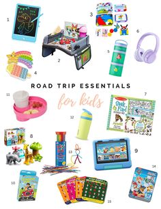 the road trip essentials for kids includes toys, books, and other things to do