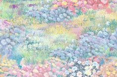 an artistic painting of flowers and grass in pastel colors on a blue, yellow, pink, green background