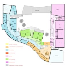 the floor plan for an office building with several floors and multiple levels, including two separate areas