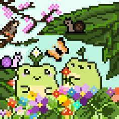 Pixel art frog nature flowers bird Cute Frogs